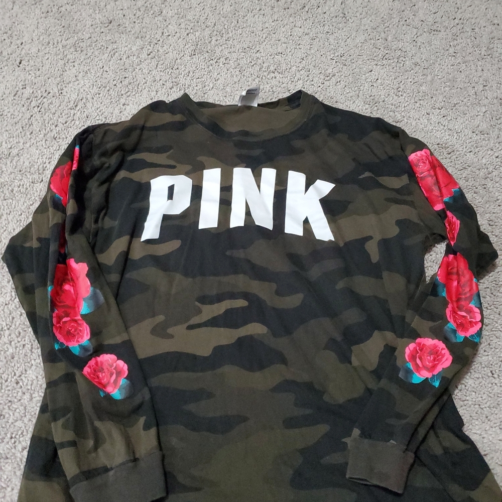 PINK Victoria's Secret Camouflage Shirt with Floral Rose Sleeves